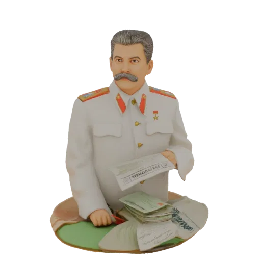 3D модель бюста Иосифа Сталина в белой форме, держащего бумаги, с документами на столе.