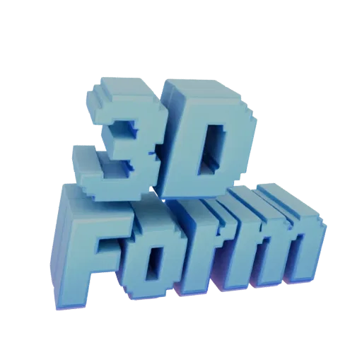 3D модель пиксельного логотипа "3D Форм" в голубых тонах, выполненная в блочном стиле ретро-игр.