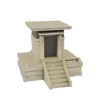 3D модель входа в древний каменный храм с состаренным фасадом и лестницей, ведущей к темному дверному проему.
