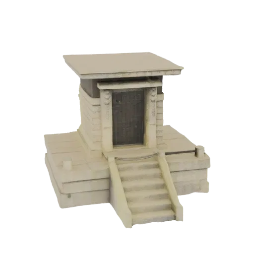 3D модель входа в древний каменный храм с состаренным фасадом и лестницей, ведущей к темному дверному проему.