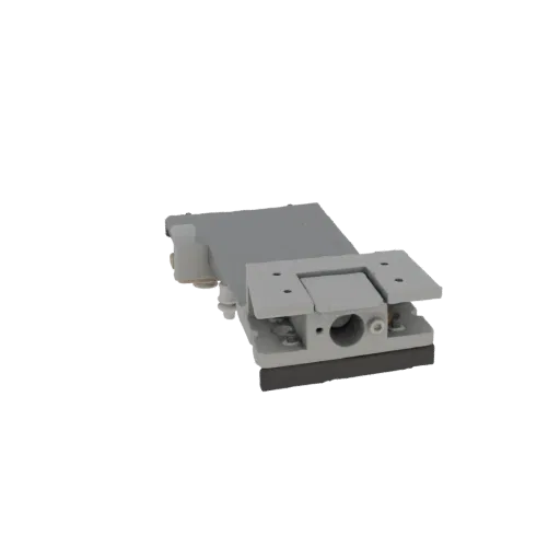 3D-модель серого промышленного пневматического привода с монтажным кронштейном, вид под небольшим углом.