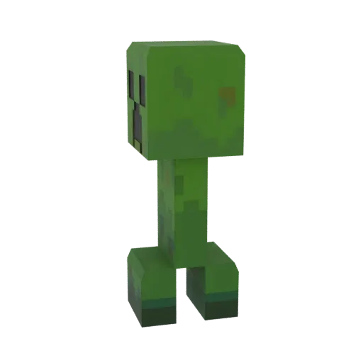 3D модель зеленого персонажа Крипера из Minecraft, стоящего на белом фоне.