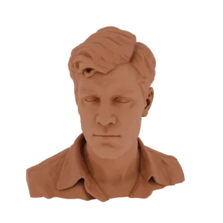 Рендер 3D модели терракотового глиняного бюста молодого человека с растрепанными волосами и воротником, вид спереди.