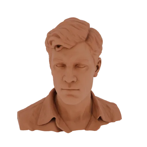 Рендер 3D модели терракотового глиняного бюста молодого человека с растрепанными волосами и воротником, вид спереди.