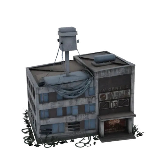 3D-модель полуразрушенного, заброшенного здания телецентра с высокой антенной на крыше и заросшими растениями у основания.