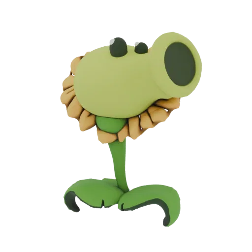3D модель растения Горохострел из Plants vs. Zombies, с зеленой головой, желтыми лепестками и зелеными листьями.