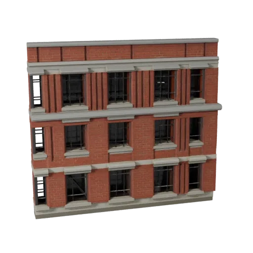 Печатная STL 3D модель фасада из кирпича, изометрический вид, показывающий материалы фасада здания и архитектурные детали