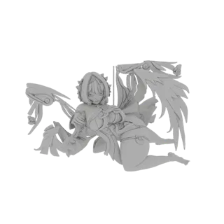 3D model render of a fallen angelic warrior kneeling with large wings spread, detailed armor, and a sorrowful expression.