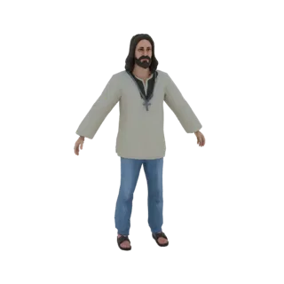 3D модель Иисуса Христа, стоящего с раскинутыми руками, в тунике, джинсах и с крестиком на шее.