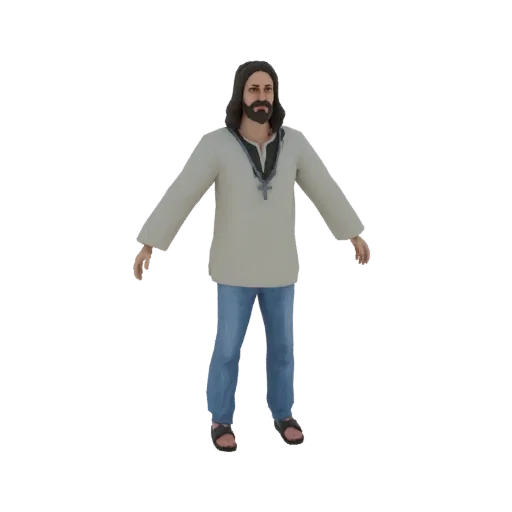 3D модель Иисуса Христа, стоящего с раскинутыми руками, в тунике, джинсах и с крестиком на шее.