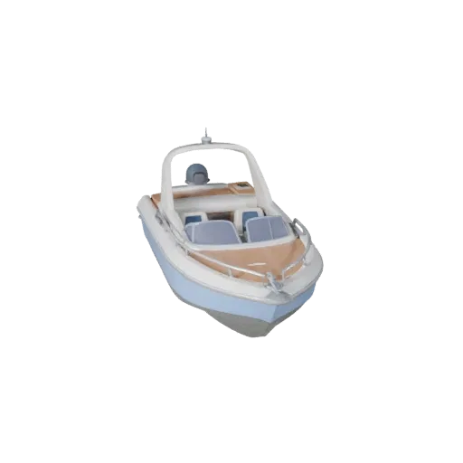 Мультяшная 3D-модель моторной лодки, вид в студии с трех четвертей, стилизованный актив транспортного средства с формой корпу