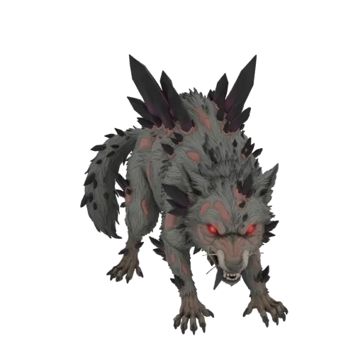 3D модель серого волка с красными глазами, покрытого острыми черными и фиолетовыми кристаллами, в агрессивной стойке.