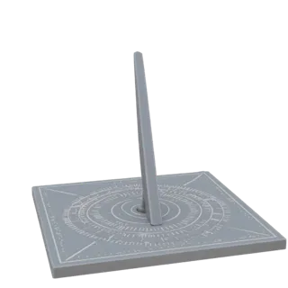 3D модель гномона для солнечных часов, серого цвета, с четкими линиями и основанием с разметкой.