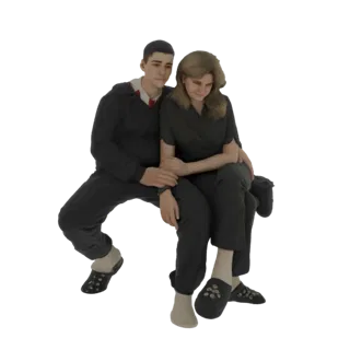 3D модель мужчины и женщины, сидящих близко друг к другу, мужчина обнимает женщину за плечи.