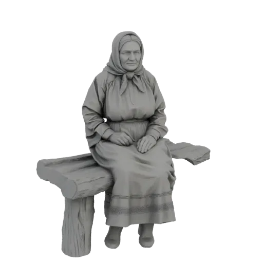 3D модель пожилой женщины в платке, сидящей на деревенской деревянной скамейке, в сером цвете.