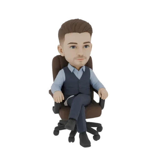 3D модель стилизованного мужчины в синей рубашке и жилете, сидящего со скрещенными ногами в коричневом офисном кресле.
