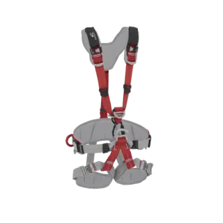 3D модель профессиональной страховочной системы с серо-красными ремнями, регулируемыми пряжками и мягкой подкладкой.