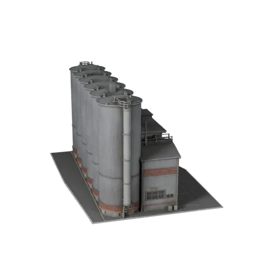 3D модель зернового силоса, готовая к использованию в Blender, вид рендера студии Blender, показывающий промышленные строител