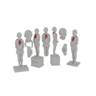 3D модель памятника пионеру с красным галстуком, показанная под разными углами на белом фоне.