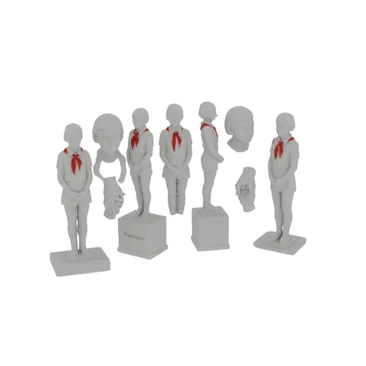 3D модель памятника пионеру с красным галстуком, показанная под разными углами на белом фоне.
