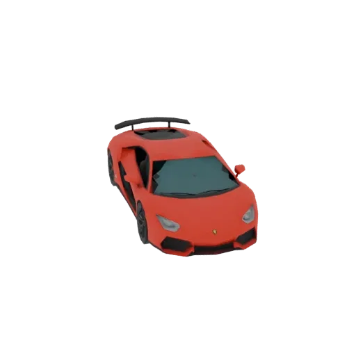3D модель красного спортивного автомобиля с антикрылом, вид спереди и сбоку