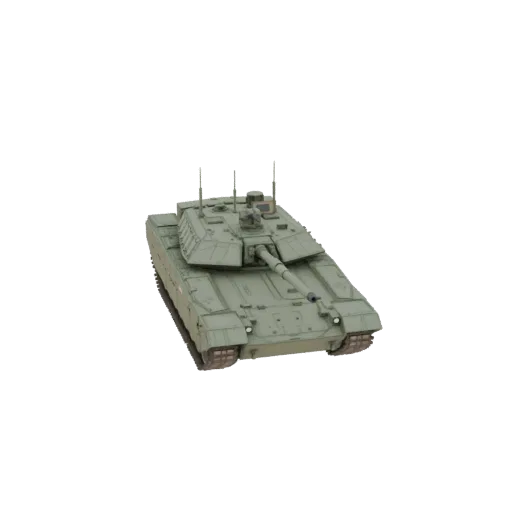 3D модель современного основного боевого танка оливкового цвета, вид спереди слева под небольшим углом, на белом фоне.