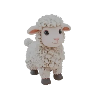 3D модель милого барашка с кудрявой шерсткой, сидящего на задних лапках