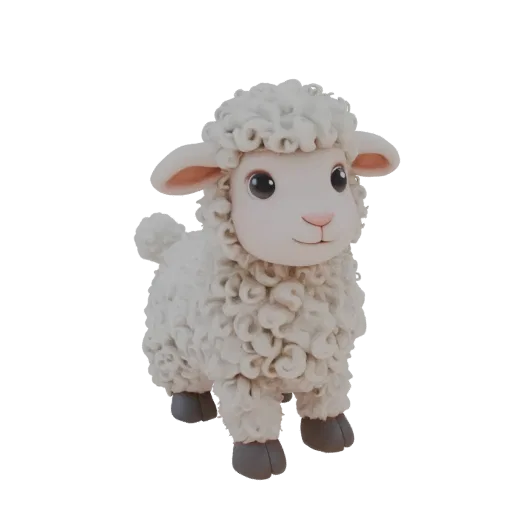 3D модель милого барашка с кудрявой шерсткой, сидящего на задних лапках