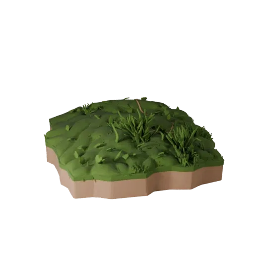 Низкополигональная 3D модель тайла холма в степи, вид с трех четвертей в игровом окне, показывающий слои почвы, детали местно
