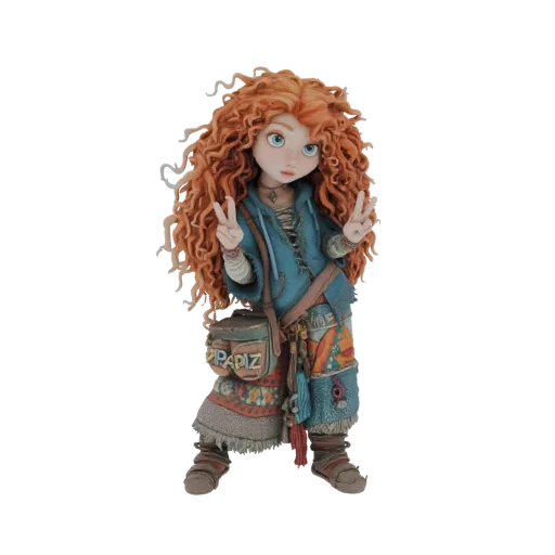 3D модель очаровательной девочки с кудрявыми рыжими волосами и голубыми глазами, в пестром наряде, показывающей знак мира.
