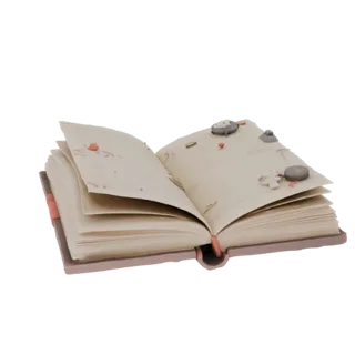 3D модель открытой книги с камнями и фигурками, страницы развернуты, видны линии и декоративные элементы