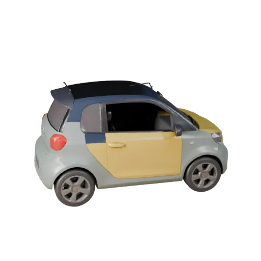 3D-модель мультяшного компактного автомобиля, вид в студии в три четверти, стилизованный ресурс транспортного средства с лини