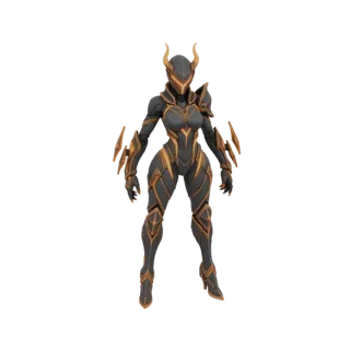 3D model of a futuristic female warrior in black and gold armor with a horned helmet, standing in a neutral pose.