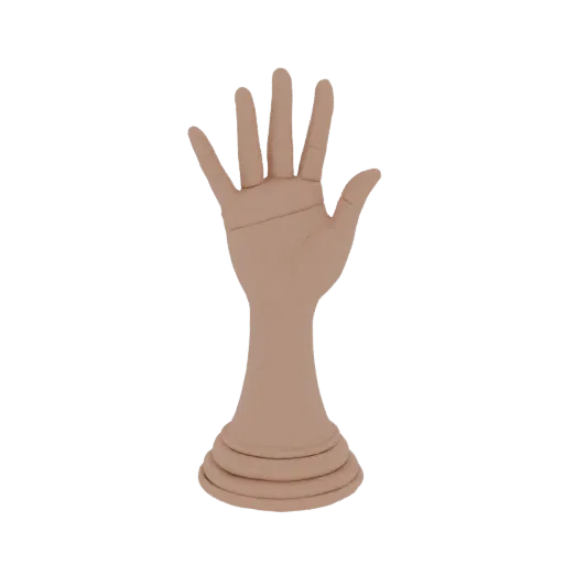 3D модель изящной женской руки с тонкими пальцами, поднятой вверх и стоящей на круглой подставке
