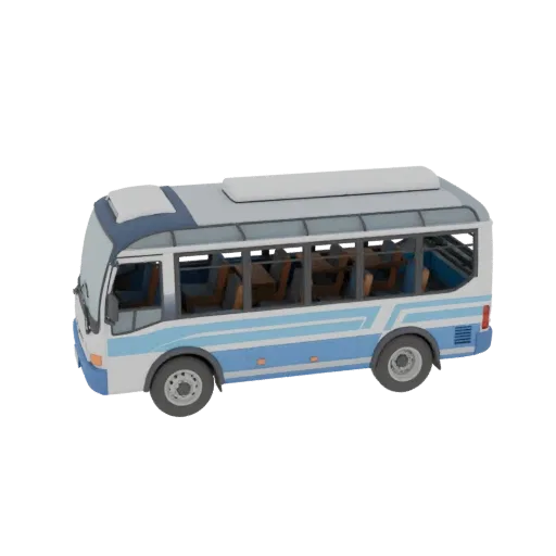 3D модель туристического автобуса в масштабе 1:250, вид сбоку, белый и голубой цвета