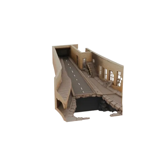 3D модель диорамы городских руин с поврежденной дорогой, входом в туннель и разрушающимся зданием.