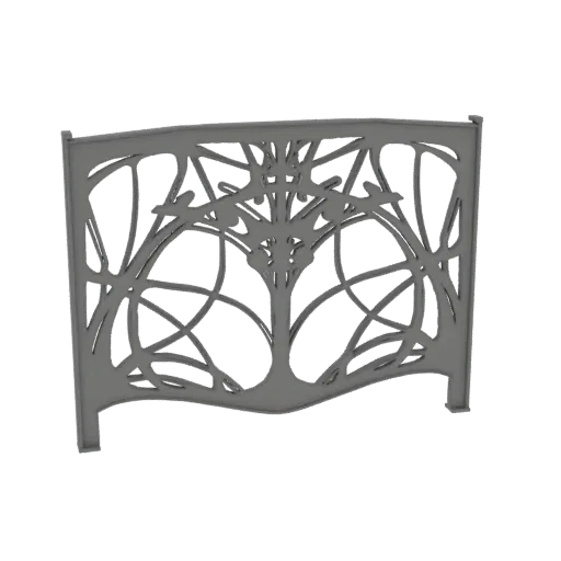 3D модель балюстрады Ар-нуво с центральным мотивом дерева и птиц, серая.