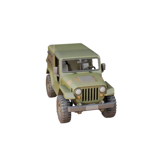 3D-модель мультяшного военного джипа, трехчетвертной студийный вид, стилизованный актив транспортного средства с массивной бр