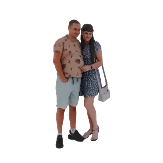 3D модель мужчины и женщины, позирующих вместе для фото, мужчина в футболке и шортах, женщина в платье с цветочным принтом.