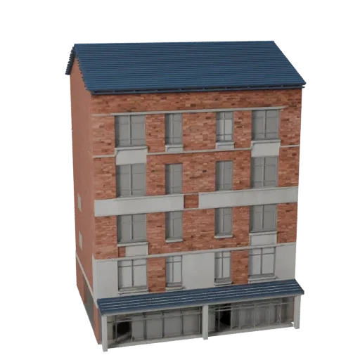 Реалистичная 3D модель таунхауса, вид с трех четвертей снаружи, показывающий материалы жилого дома и архитектурные детали