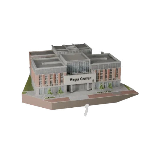 Стилизованная 3D модель Экспо Центра, изометрический вид стилизованной игровой среды, показывающий материалы общественных зда