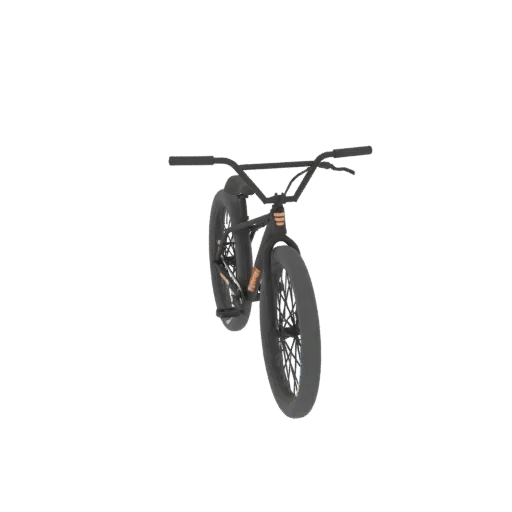3D модель темного BMX велосипеда с оранжевыми акцентами, вид с трехчетвертной перспективы.