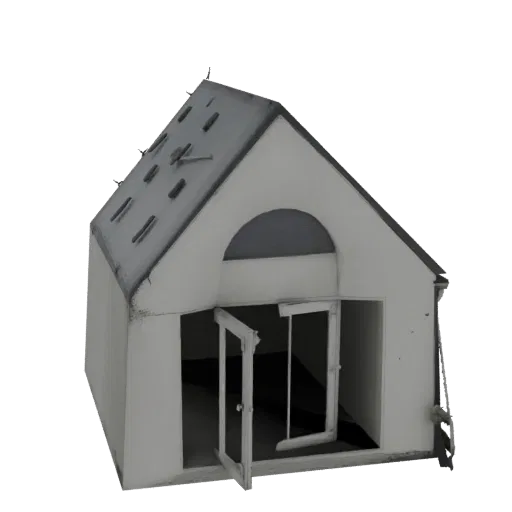 3D модель белого сарая с двускатной крышей, серой черепицей и открытыми двустворчатыми дверями на белом фоне.