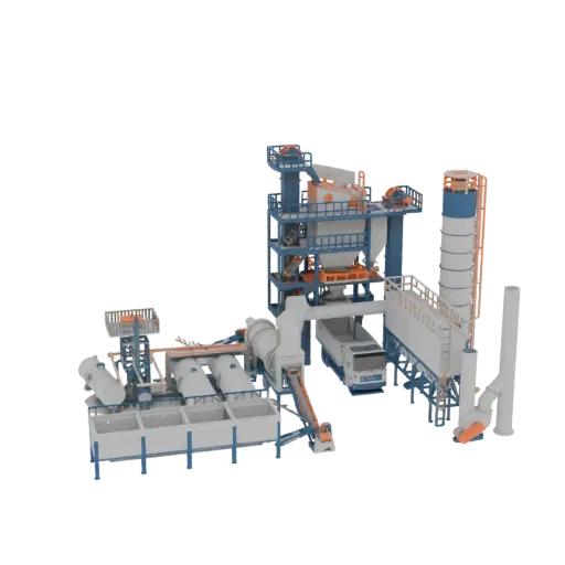 3D модель сложной асфальтосмесительной установки с башнями, силосами, конвейерами и грузовиком.