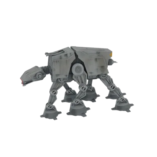 3D модель серого AT-BT Вездеходного Боевого Танка с четырьмя шарнирными ногами и детализированным головным блоком на белом фо
