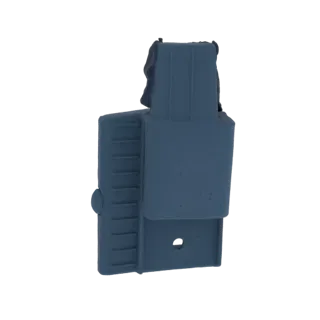 3D model of a dark gray tactical magazine pouch with a textured side and an integrated clip, shown against a white background