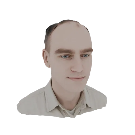 Рендер 3D модели мужского бюста с голубыми глазами и рубашкой, представленный на белом фоне.