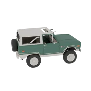 3D модель винтажного зеленого Ford Bronco SUV с белой крышей и запасным колесом, показанная с видом сзади три четверти.