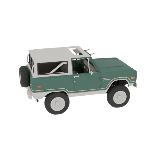 3D модель винтажного зеленого Ford Bronco SUV с белой крышей и запасным колесом, показанная с видом сзади три четверти.