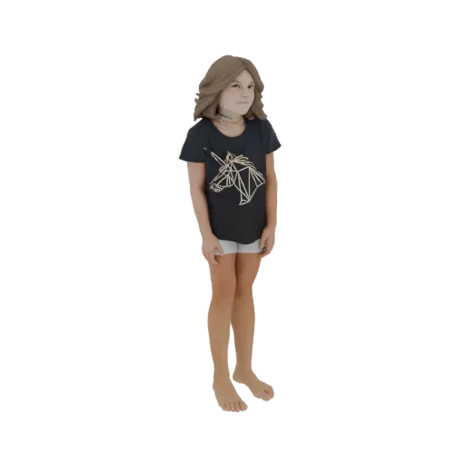 3D модель девочки с каштановыми волосами, в черной футболке с геометрическим единорогом и белых шортах, стоящая.
